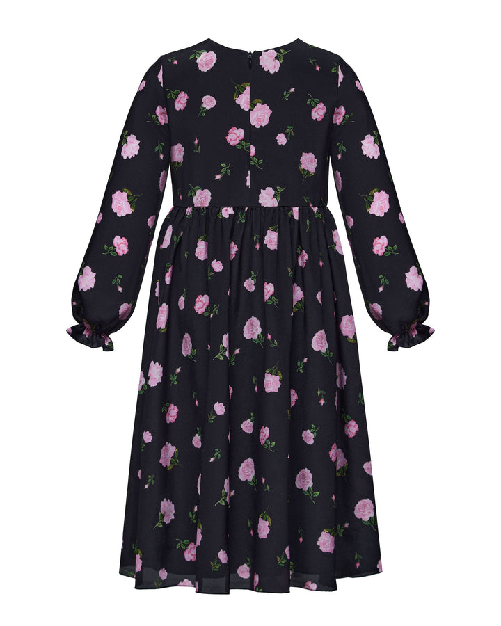 EVA, CHILDREN’S DRESS BLACK WITH PINK ROSE PRINT