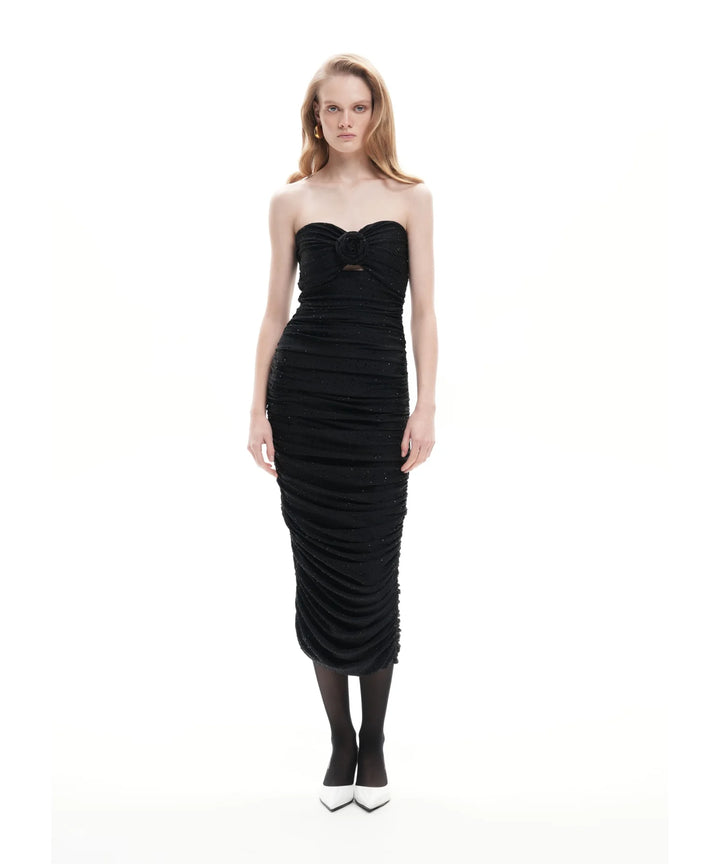 NICOLE, BLACK BIFLEX MIDI DRESS WITH RHINESTONES AND ROSE