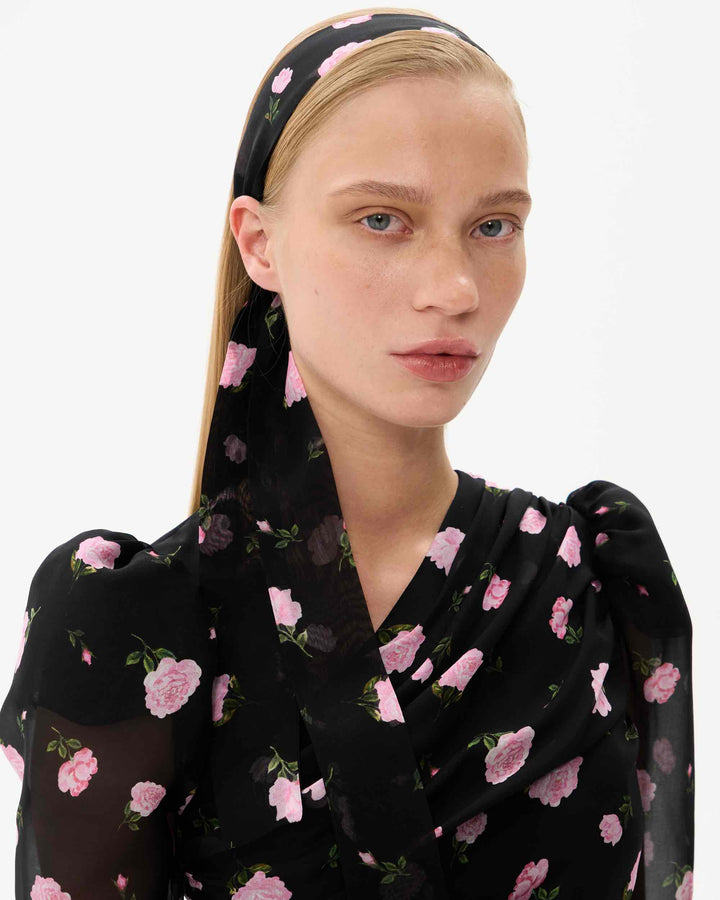 LUANA, NECK BOW BLACK WITH PINK ROSE PRINT