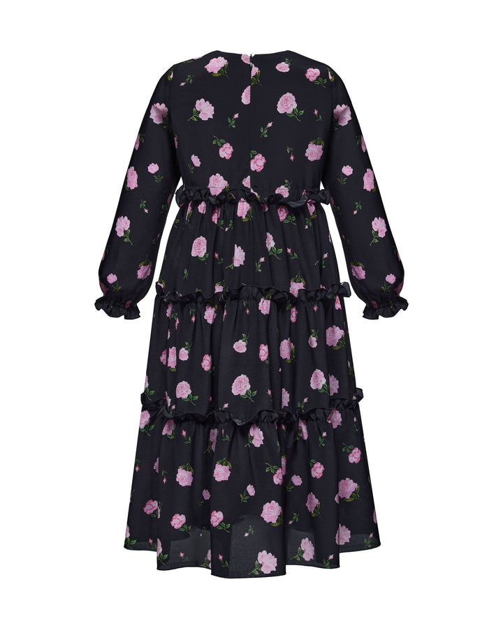 ALISA, CHILDREN’S DRESS BLACK WITH PINK ROSE PRINT