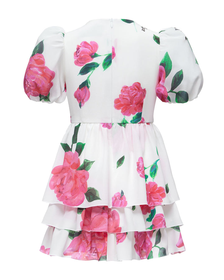 FIFI, CHILDREN’S DRESS MILKY WITH CRIMSON ROSE PRINT