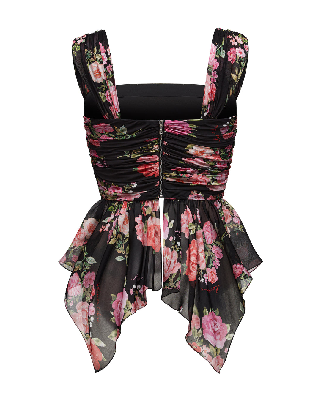 JEAN, A BLACK CORSET TOP WITH AN ASYMMETRICAL PEPLUM, ADORNED WITH MEDIUM-SIZED PINK FLOWERS