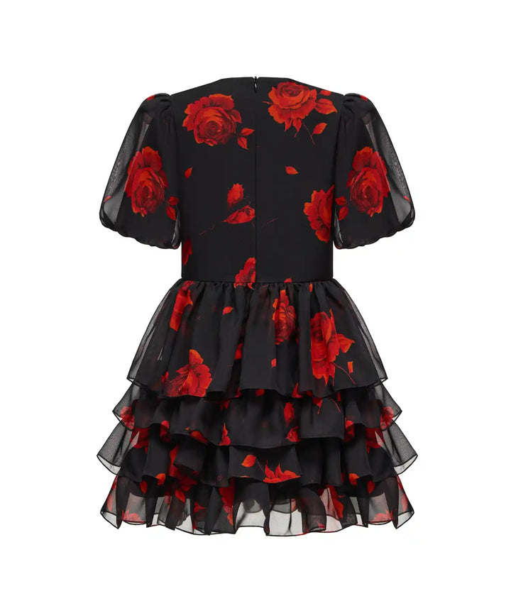 FIFI, CHILDREN'S DRESS MADE OF BLACK CHIFFON WITH RED FLOWERS