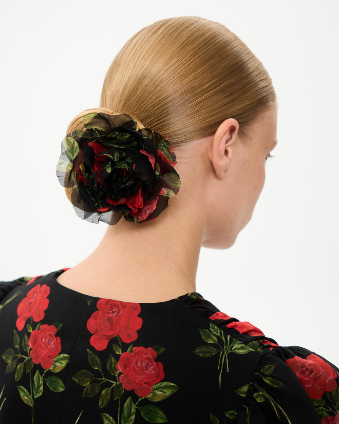 FLORA, FLOWER BROOCH BLACK WITH RED ROSE PRINT