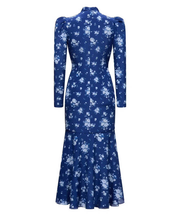 BEAH, BLUE CREPE DE CHINE MIDI DRESS WITH MEDIUM BLUE FLOWERS