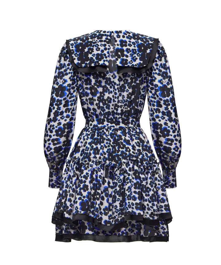 AUSTRA, MILKY CREPE DE CHINE MINI DRESS WITH MEDIUM BLACK FLOWERS