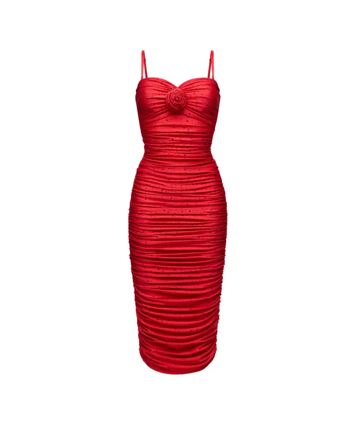 NICOLE, MIDI DRESS MADE OF RED BIFLEX WITH RHINESTONES AND A ROSE