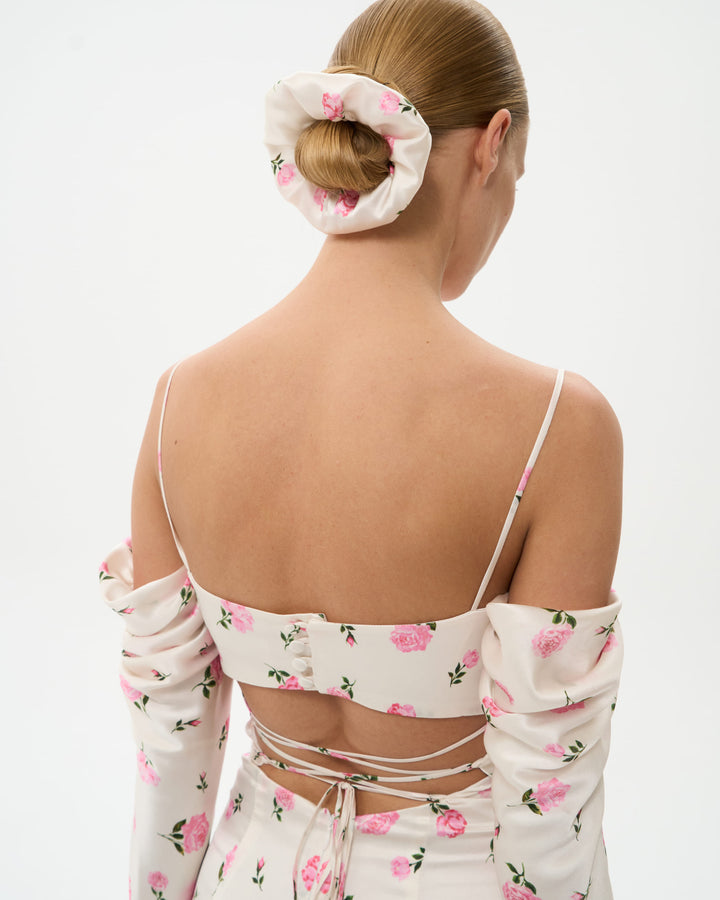 BRUNA, SCRUNCHIE IN MILKY SATIN WITH PINK ROSE PRINT