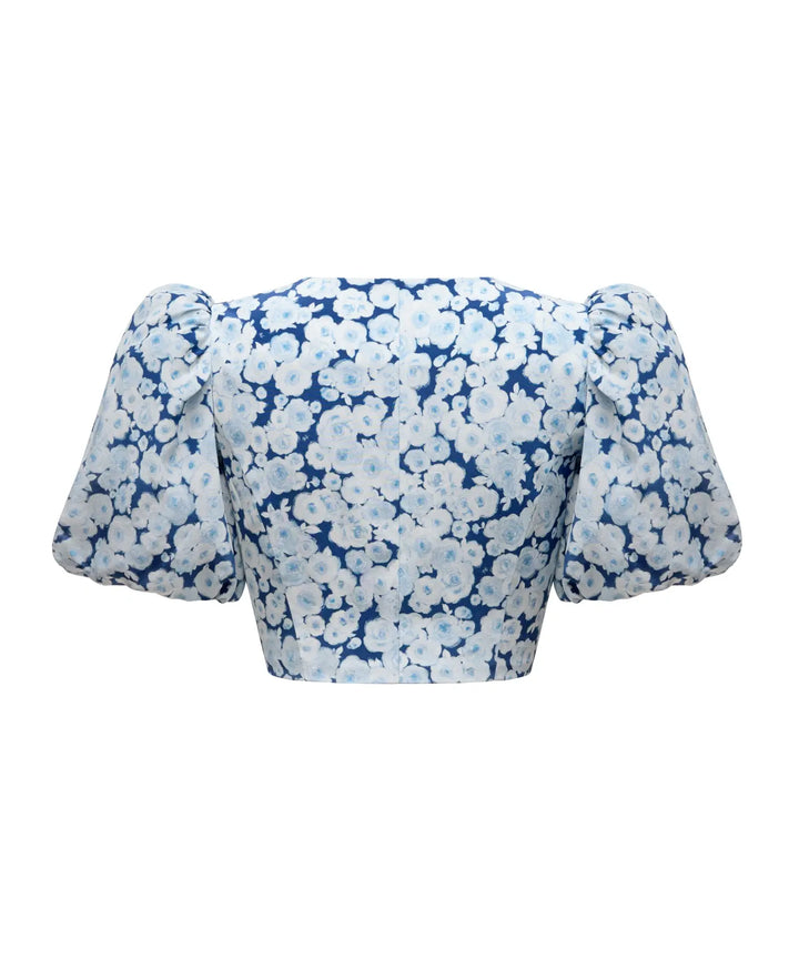 CHANELLE, CROPPED JACKET WITH PUFF SLEEVES, BLUE WITH LIGHT BLUE FLOWERS