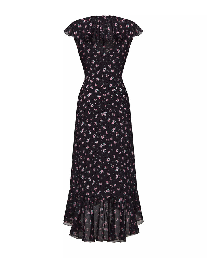 ANNETE, A SLEEVELESS MIDI DRESS WITH RUFFLES, IN BLACK ADORNED WITH DELICATE RASPBERRY FLOWERS