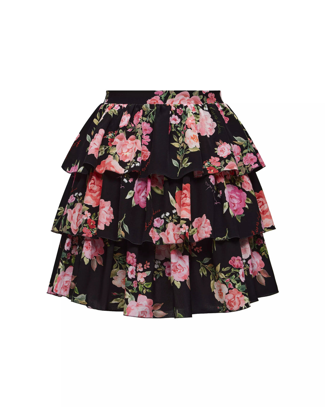 BETTY, MINI SKIRT WITH RUFFLES, BLACK WITH MEDIUM PINK FLOWERS