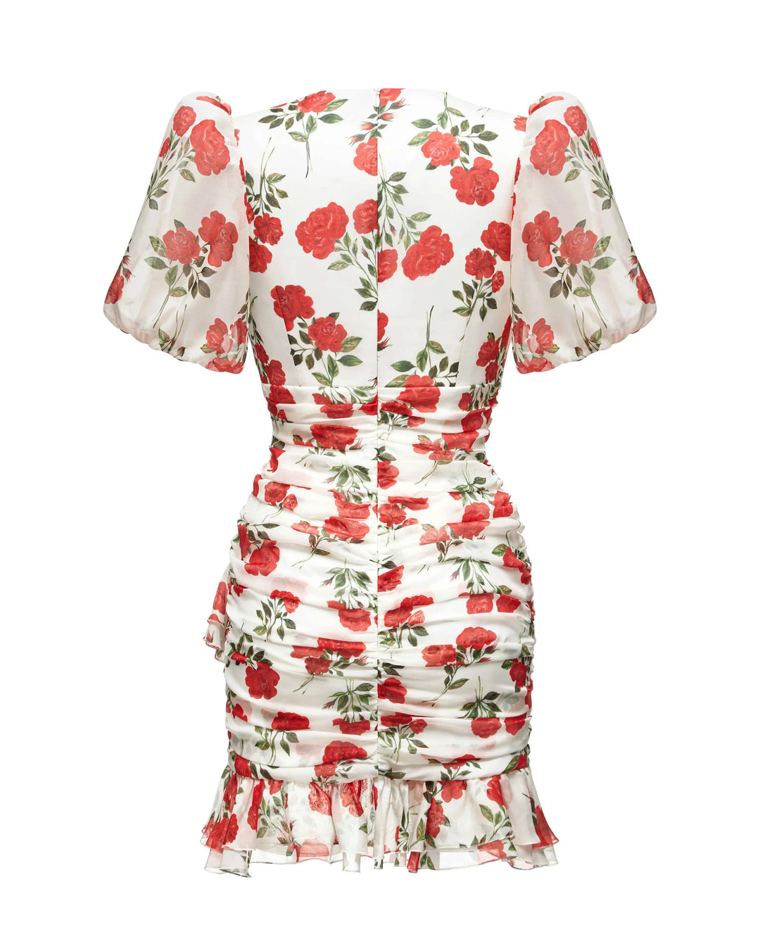 JOSEPHINE, SHORT SLEEVE MILK WHITE MINI DRESS WITH MEDIUM RED FLOWERS