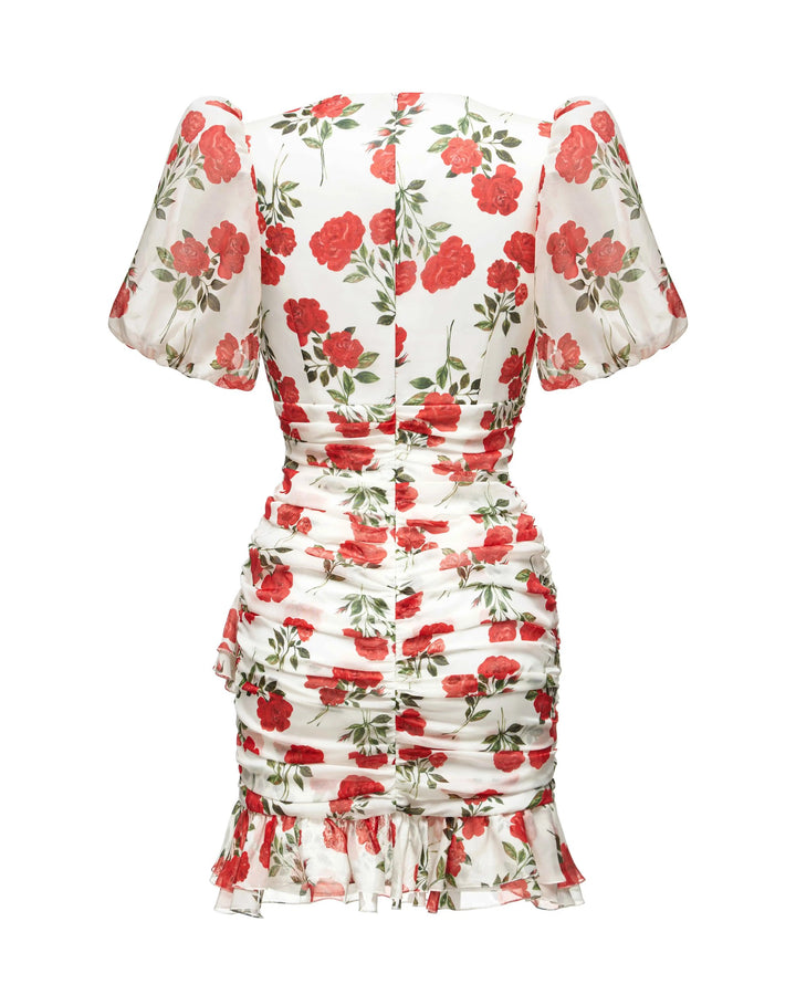 JOSEPHINE, SHORT SLEEVE MILK WHITE MINI DRESS WITH MEDIUM RED FLOWERS