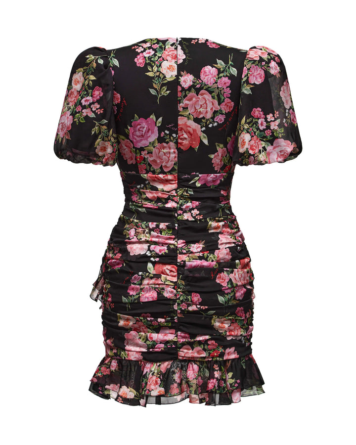 JOSEPHINE, SHORT SLEEVE MINI DRESS IN BLACK WITH MEDIUM PINK FLOWERS