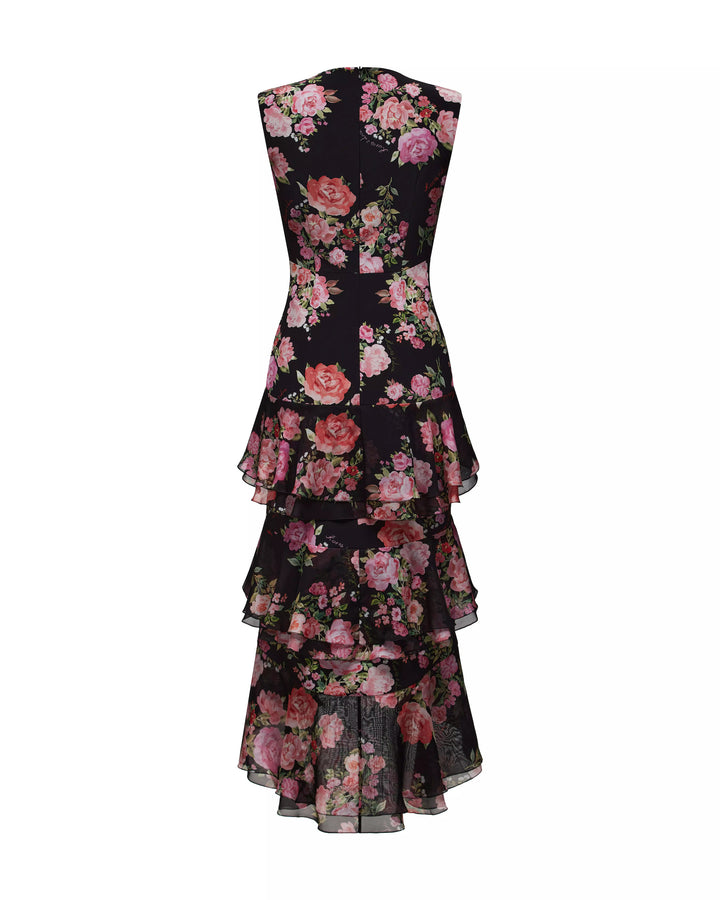 BEATA, A BLACK MIDI DRESS ADORNED WITH MEDIUM-SIZED PINK FLOWERS