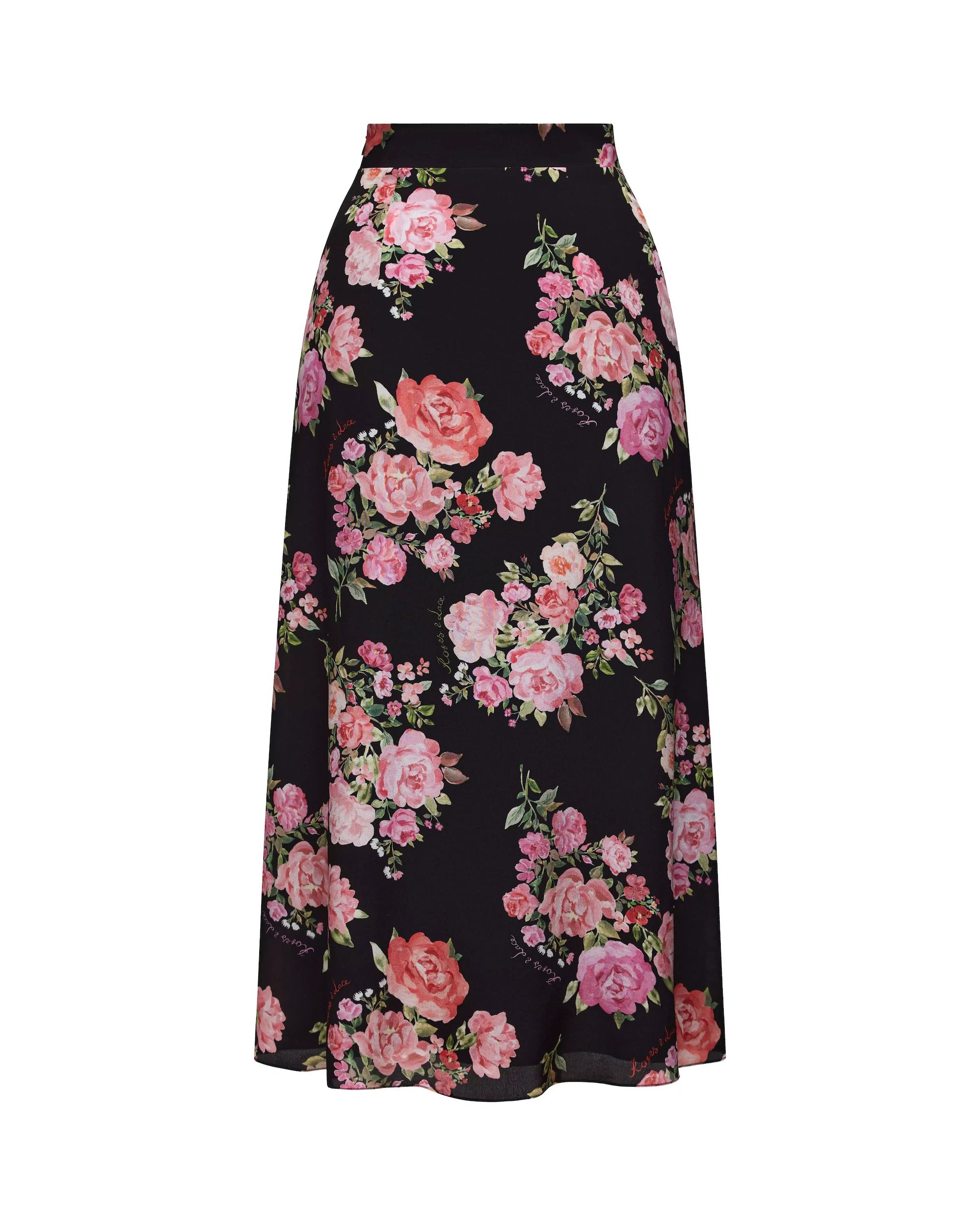 KERRY MIDI SKIRT BLACK WITH MEDIUM PINK FLOWERS ROSES AND LACE