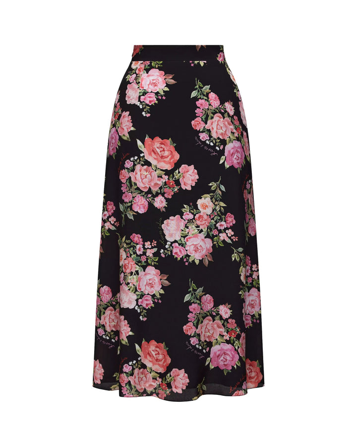 KERRY, MIDI SKIRT, BLACK WITH MEDIUM PINK FLOWERS