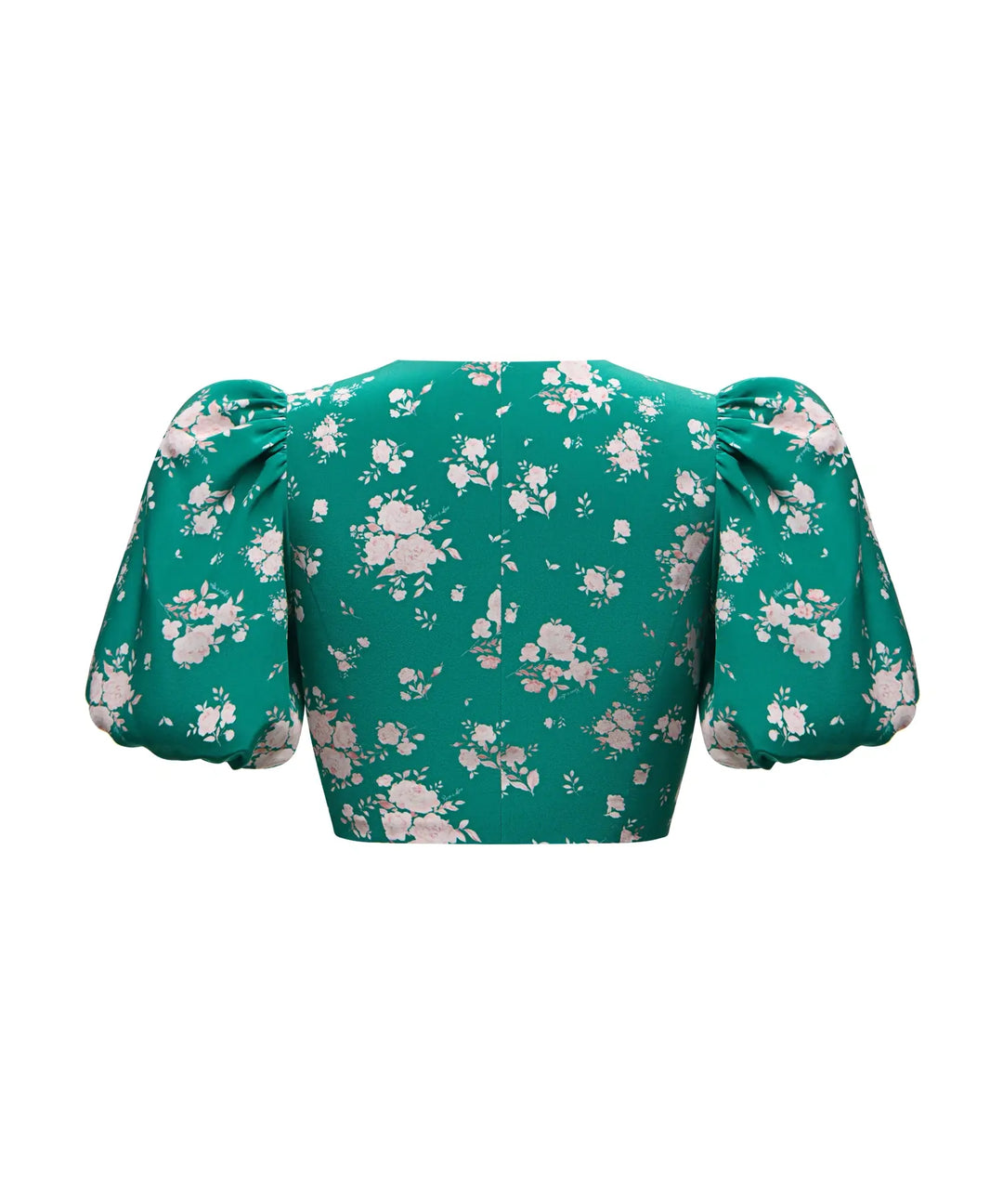 CHANELLE, CROPPED JACKET WITH PUFF SLEEVES, GREEN WITH MEDIUM LIGHT PINK FLOWERS