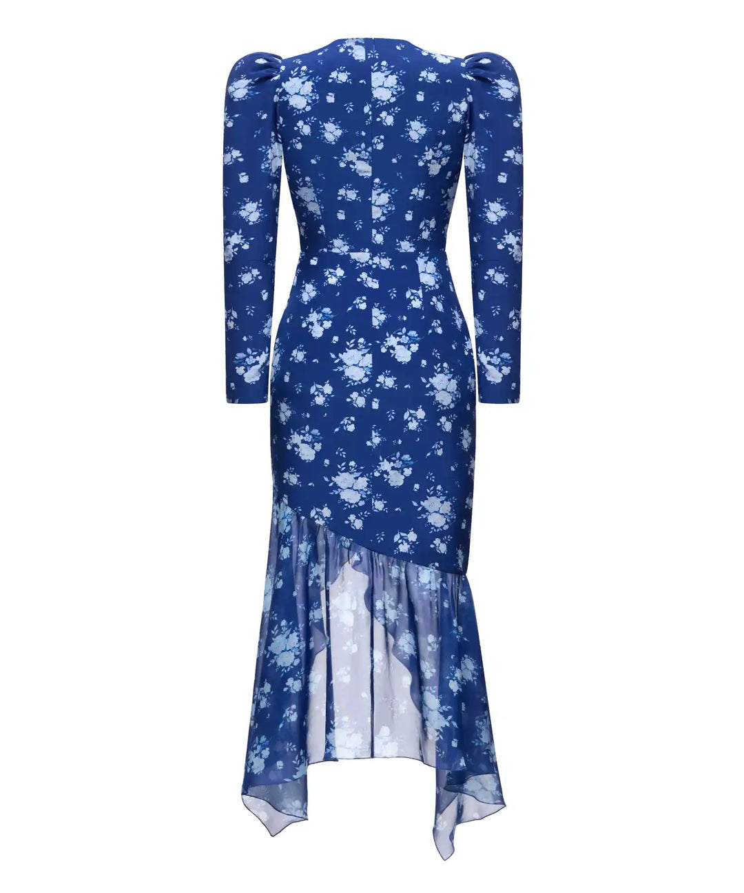 ORLENE, BLUE CREPE DE CHINE AND CHIFFON MIDI DRESS WITH MEDIUM BLUE FLOWERS