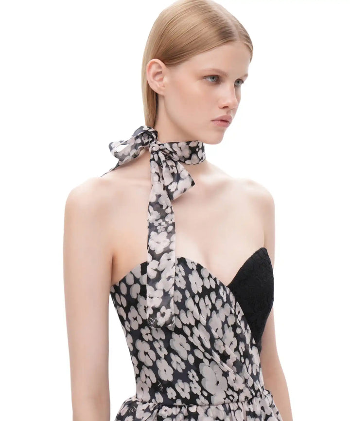 Luana, black crepe de chine ribbon with medium milky flowers