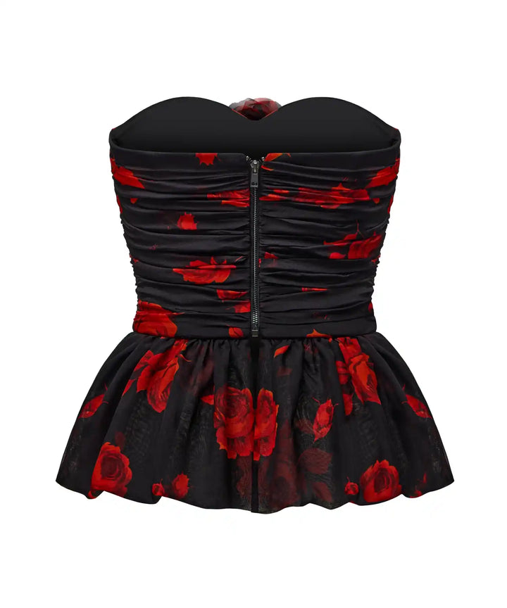 ROSALIE, CORSET TOP MADE OF BLACK CHIFFON WITH RED FLOWERS