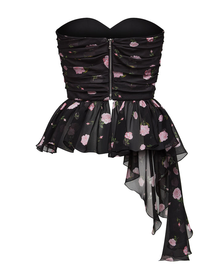 JOAN CORSET TOP WITH ASYMMETRICAL PEPLUM, BLACK ADORNED WITH MEDIUM PINK FLOWERS