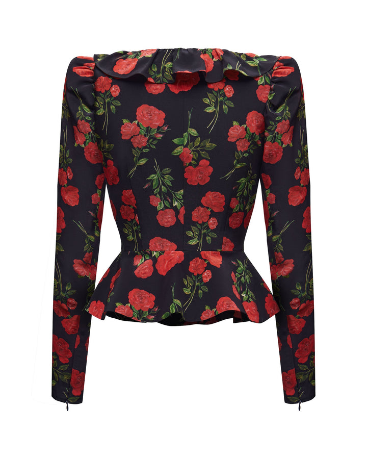 RI, BLOUSE JACKET BLACK WITH WITH RED ROSE PRINT