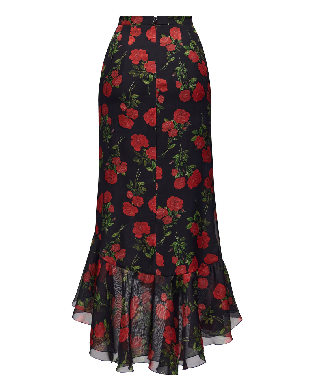 CARMEN, MIDI SKIRT BLACK WITH RED ROSE PRINT