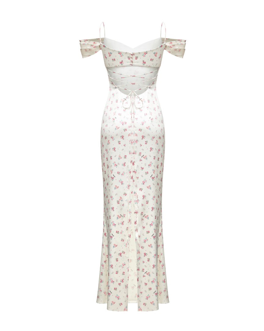 MARLEN, AN MILK WHITE MAXI DRESS WITH SHORT SLEEVES, ADORNED WITH SMALL RASPBERRY FLOWERS