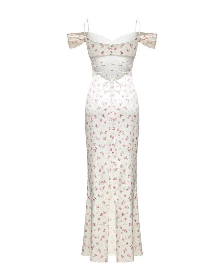 MARLEN, AN MILK WHITE MAXI DRESS WITH SHORT SLEEVES, ADORNED WITH SMALL RASPBERRY FLOWERS