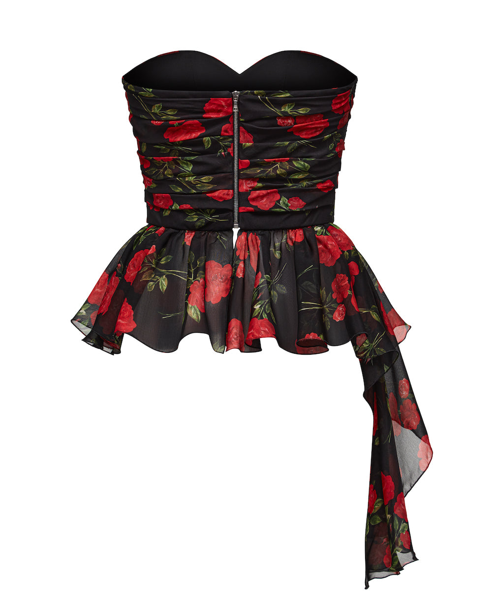 JOAN CORSET TOP WITH ASYMMETRICAL PEPLUM, BLACK ADORNED WITH MEDIUM RED FLOWERS