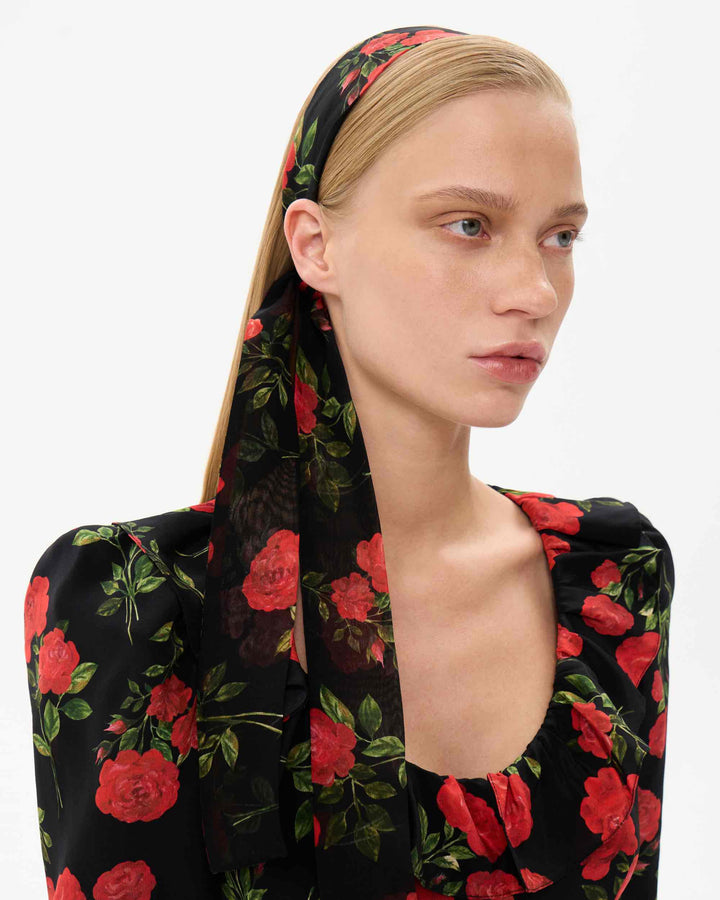 LUANA, NECK BOW BLACK WITH RED ROSE PRINT