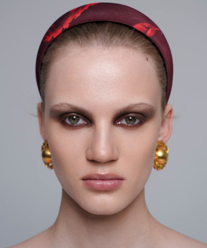 Noelia, headband made of burgundy biflex with red flowers