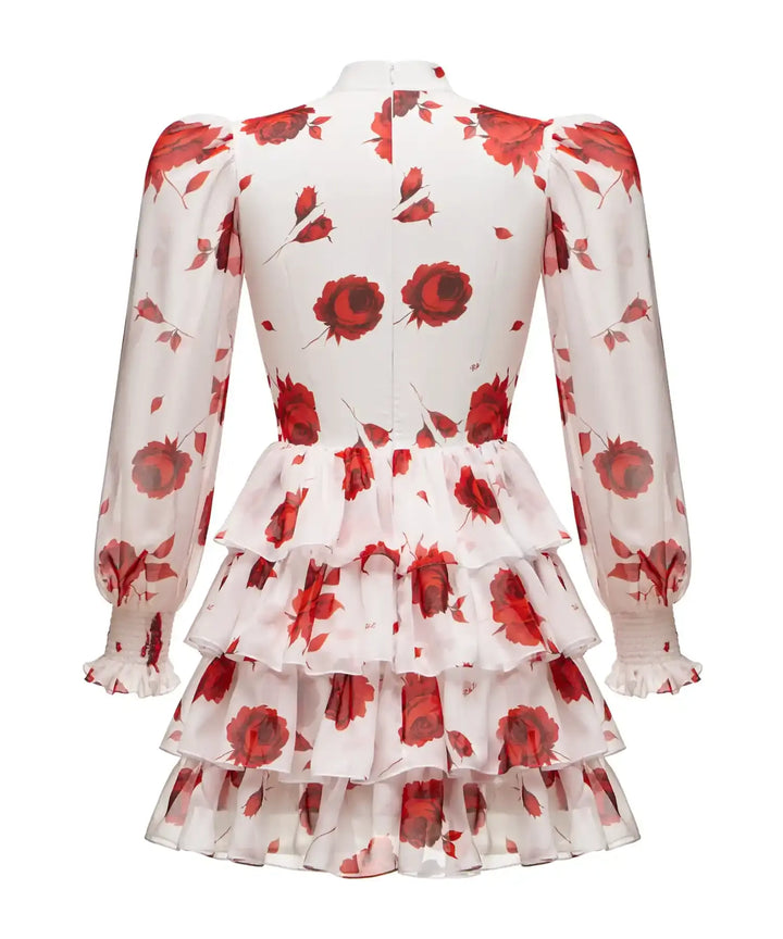 VALERIE MINI, MINI DRESS MADE OF IVORY CHIFFON WITH RED FLOWERS