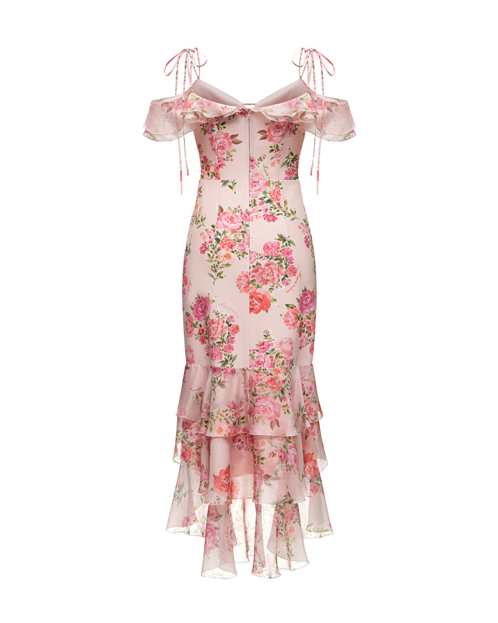 MONICA, A LIGHT PINK MAXI DRESS WITH SHORT SLEEVES AND RUFFLES, ADORNED WITH MEDIUM-SIZED PINK FLOWERS