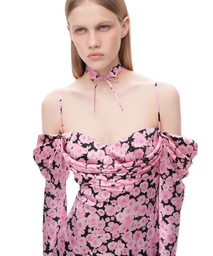 LORA, BLACK CREPE DE CHINE CHOKER WITH MEDIUM PINK FLOWERS