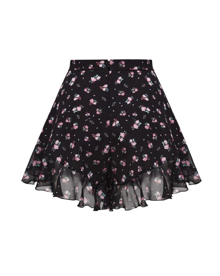 AUDRIE, MINI SHORTS WITH RUFFLES, BLACK WITH SMALL RASPBERRY FLOWERS