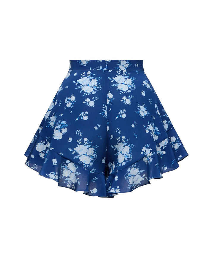 AUDRIE, MINI SHORTS WITH RUFFLES, BLUE WITH MEDIUM BLUE FLOWERS