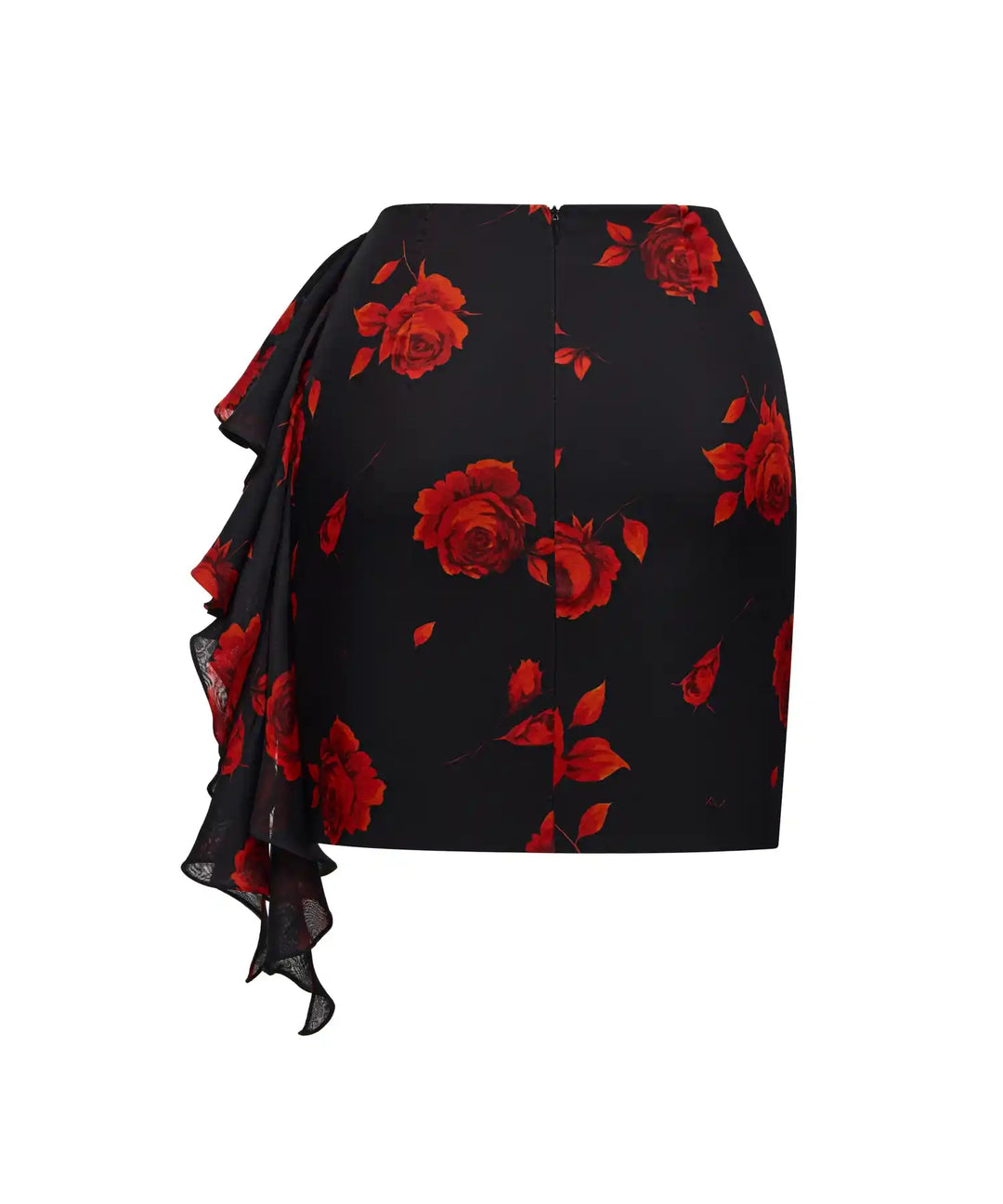 LOREEN, MINI SKIRT MADE OF BLACK CHIFFON WITH RED FLOWERS