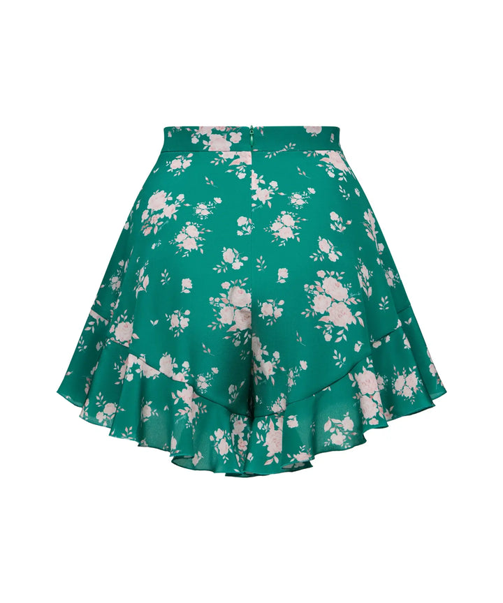 AUDRIE, MINI SHORTS WITH RUFFLES, GREEN WITH MEDIUM LIGHT PINK FLOWERS