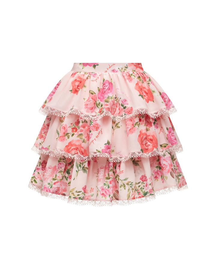 BETTY, MINI SKIRT WITH RUFFLES, BABY PINK WITH MEDIUM PINK FLOWERS