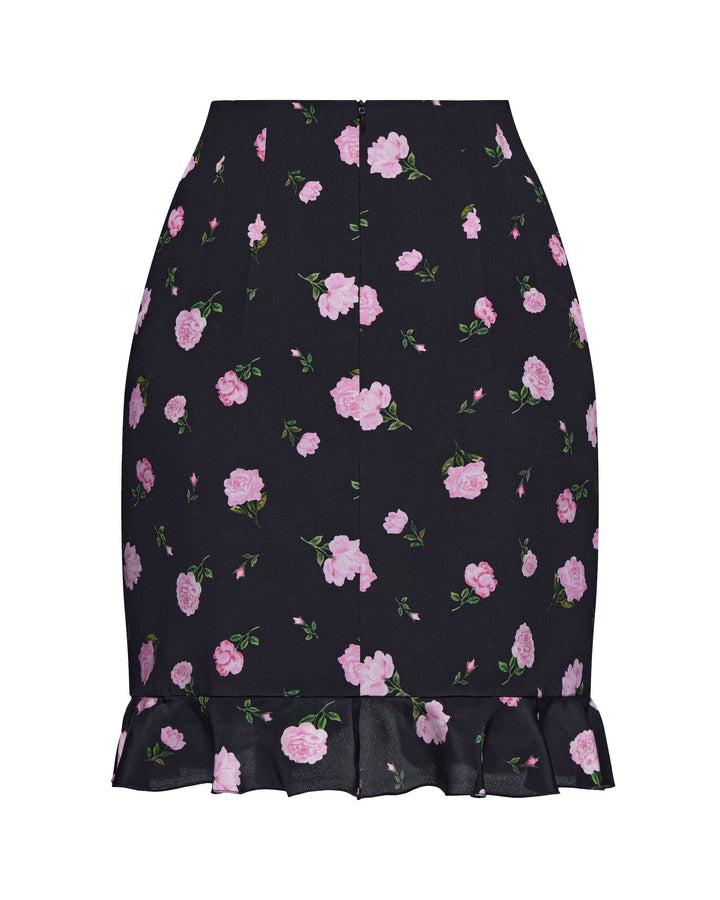 MONA, MINI SKIRT BLACK WITH PINK ROSE PRINT