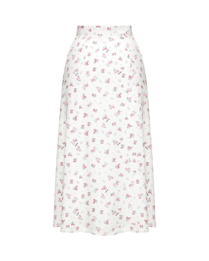 KERRY, MIDI SKIRT, MILKY WHITE WITH SMALL RASPBERRY FLOWERS