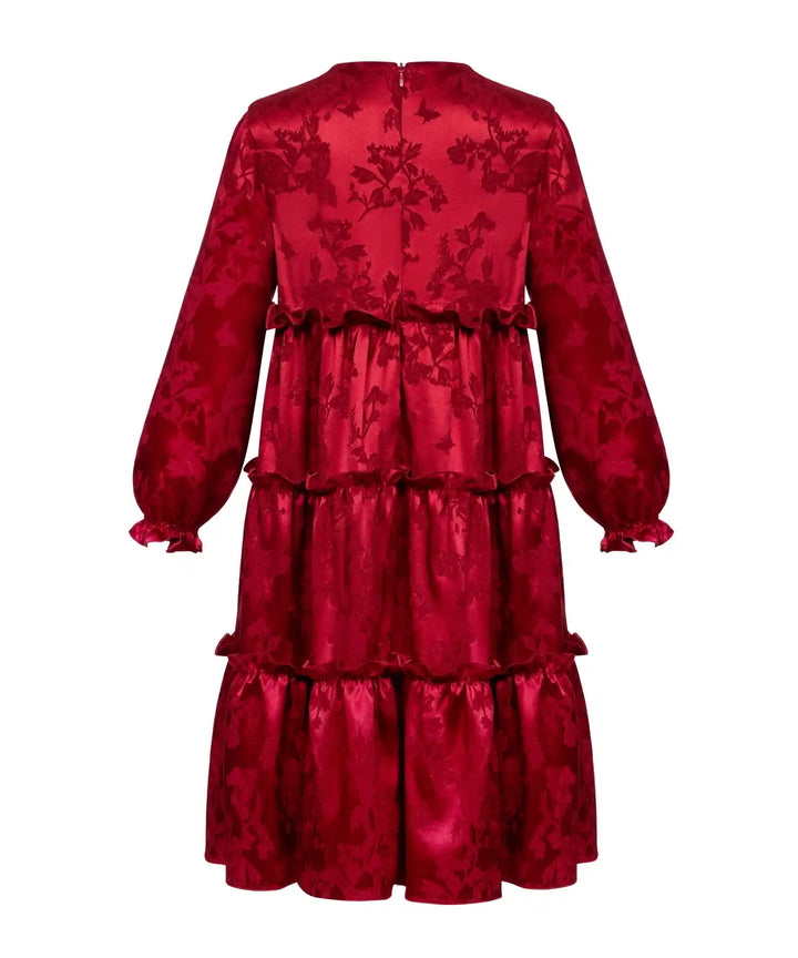 ALISA, CHILDREN'S DRESS MADE OF RED JACQUARD WITH FLOWERS