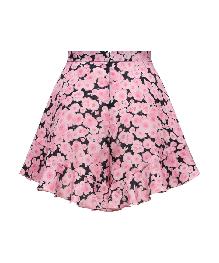 AUDRIE, MINI SHORTS WITH RUFFLES, BLACK WITH PINK FLOWERS