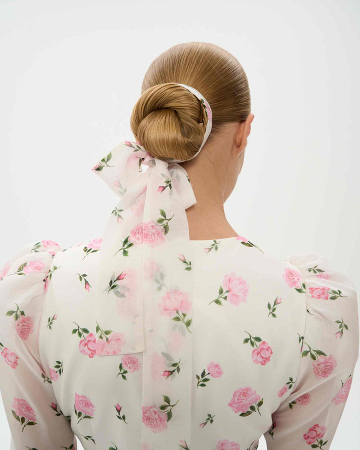 LUANA, NECK BOW MILKY WITH PINK ROSE PRINT