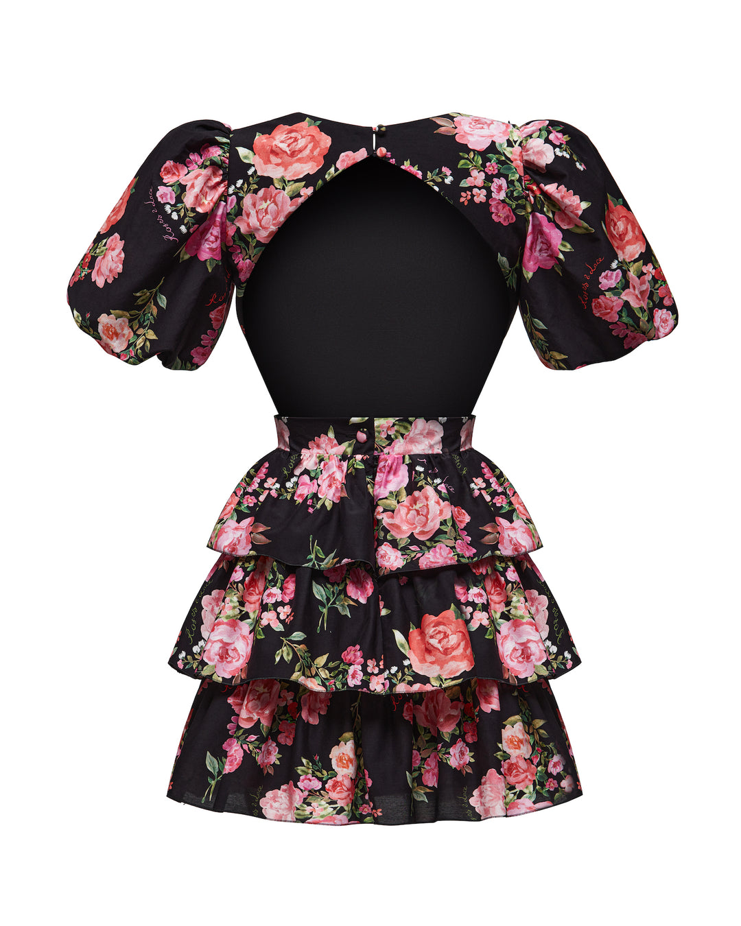 SORELLI A MINI DRESS WITH SHORT SLEEVE LANTERN, RUFFLE SKIRT BLACK WITH MEDIUM PINK FLOWERS