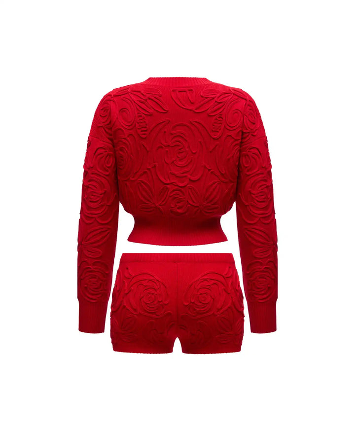 MARYL-JADE, KNITTED SET, SWEATER AND SHORTS MADE OF RED COTTON WITH LACE ROSES