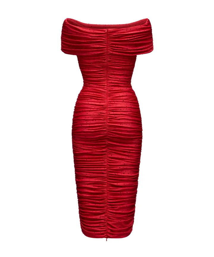 IREN, MIDI DRESS MADE OF RED BIFLEX WITH RHINESTONES