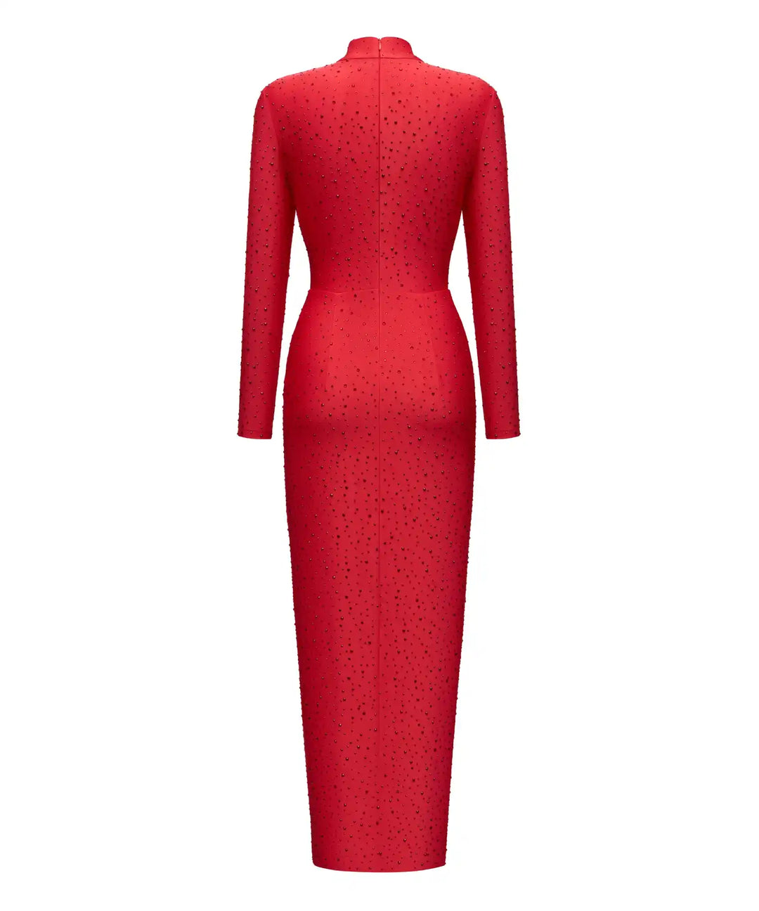 MADELINE, MIDI DRESS MADE OF RED BIFLEX WITH RHINESTONES AND A SLIT